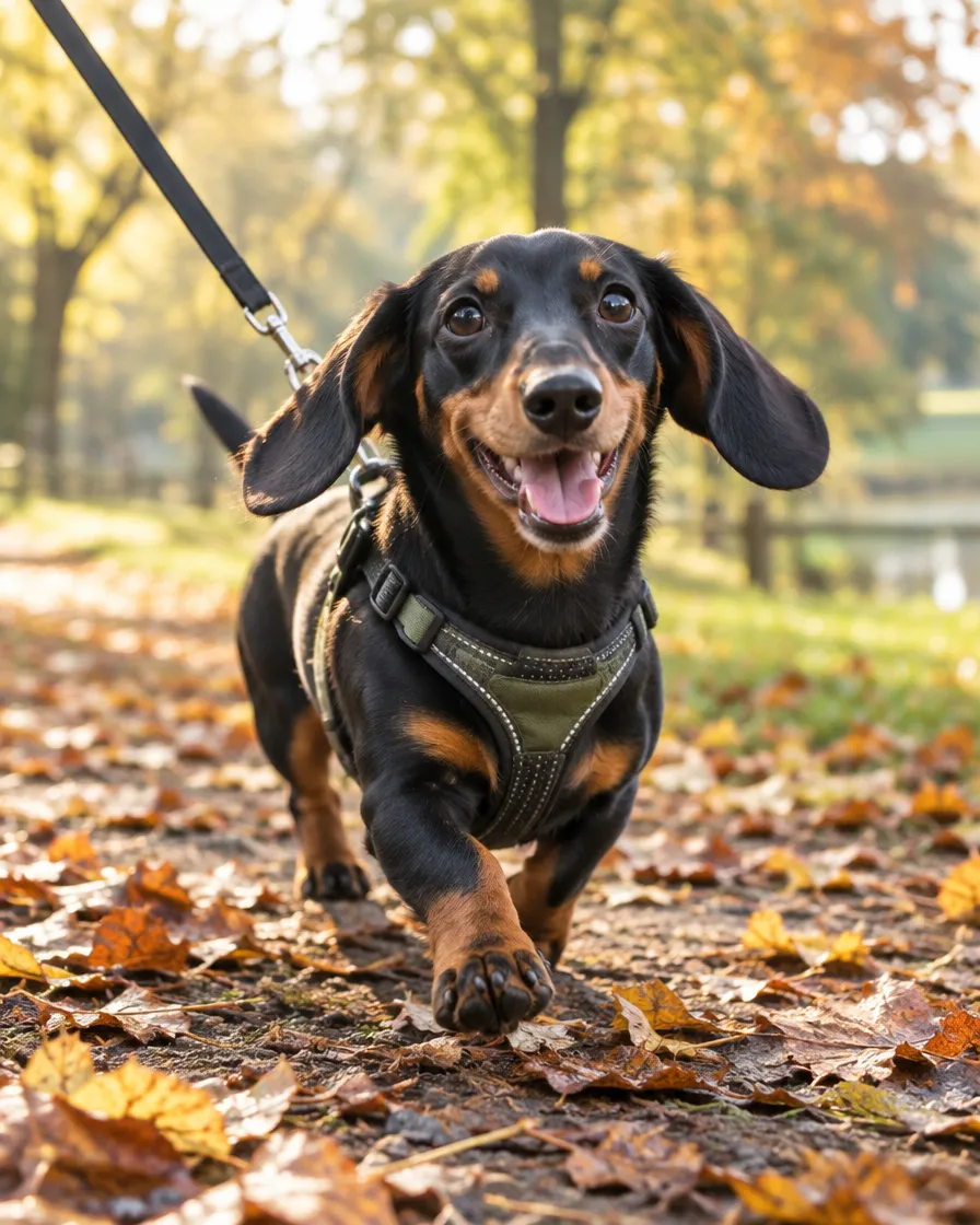 Ralph the dachshund trotting happily along an autumn park path