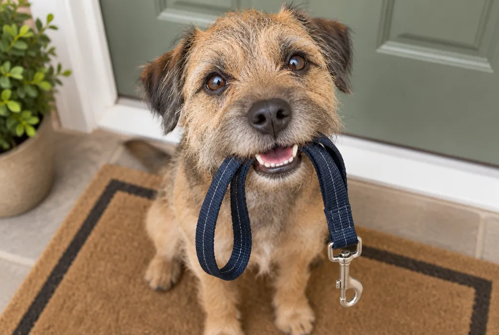 A scruffy terrier sitting by the front door holding its lead in its mouth